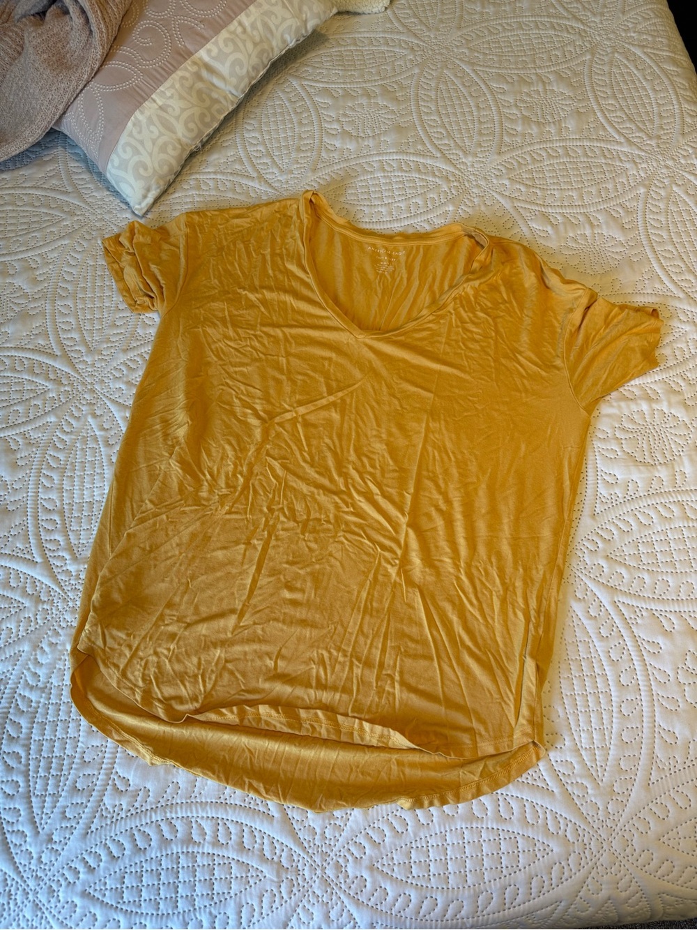 American Eagle Women's V-Neck Short Sleeve Top - Mustard Yellow